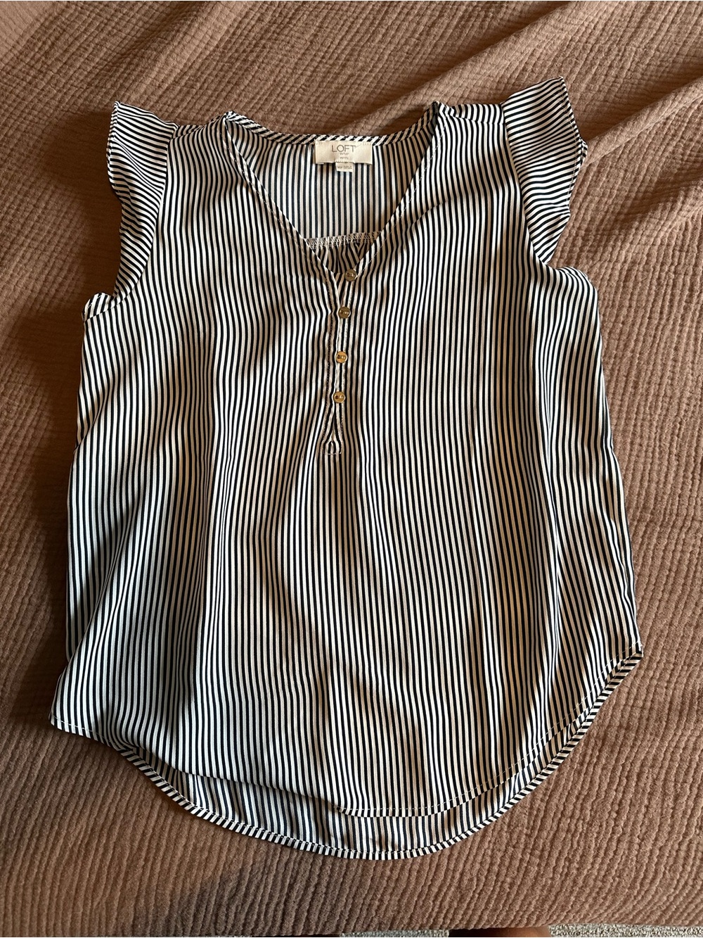 LOFT Black and White Vertical Stripe Cap-Sleeve Henley Blouse